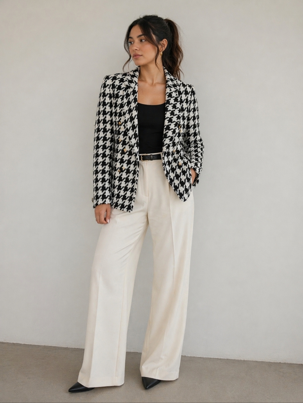Zara Black & White Houndstooth Double-Breasted Blazer with Gold Buttons